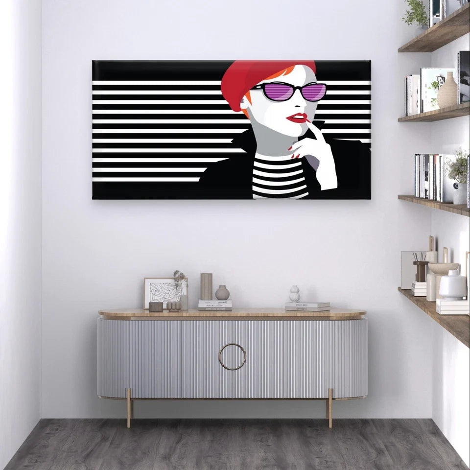 Pop Art Woman with Red Beret Wall Art Canvas Office Home Framed 120x60cm