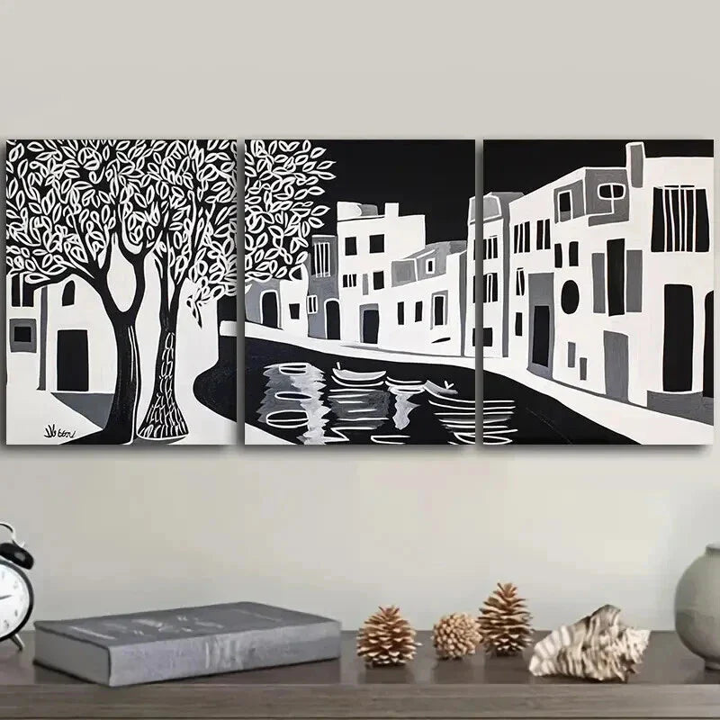 3pcs Black and White Ancient City Canal Wall Art Set Canvas Framed 40x60cm - High Quality Print 100% Australian Made Wall Canvas Ready to Hang