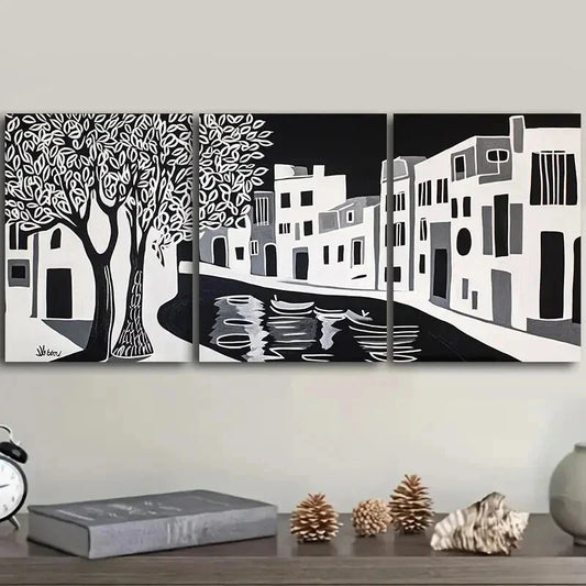 3pcs Black and White Ancient City Canal Wall Art Set Canvas Framed 40x60cm - High Quality Print 100% Australian Made Wall Canvas Ready to Hang