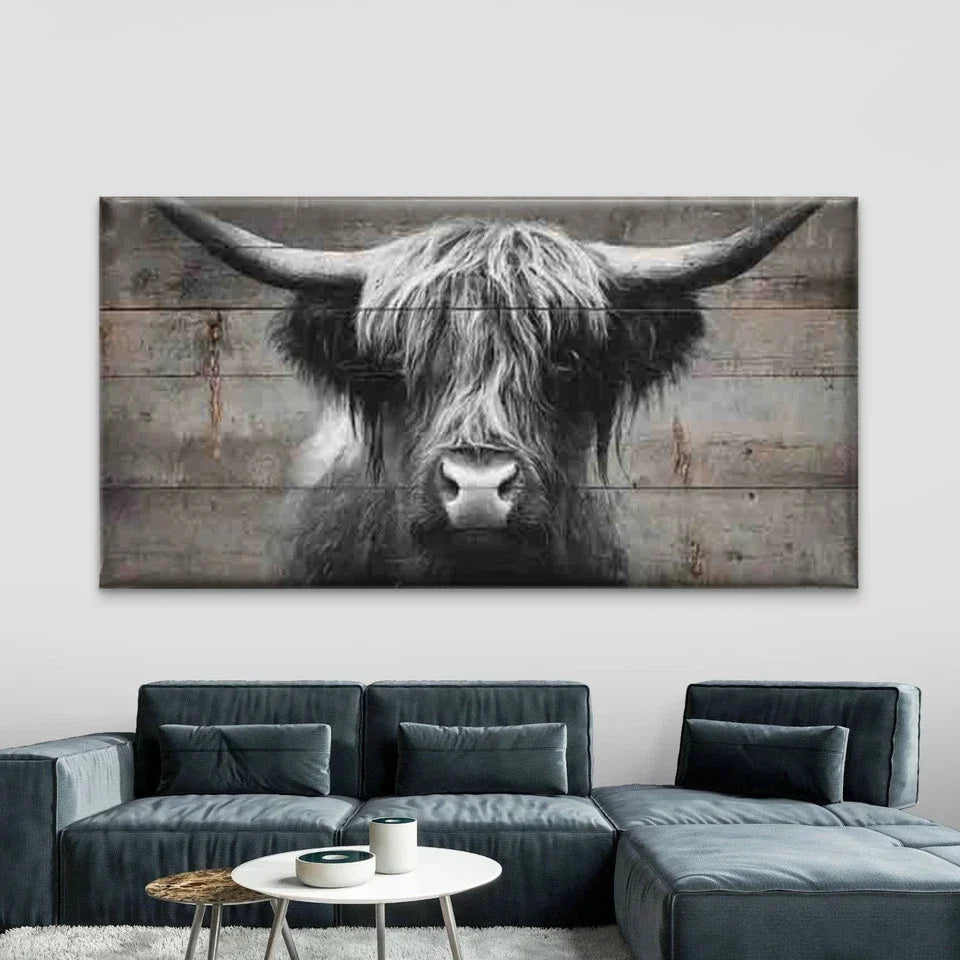 Black and White Highland Cattle Wall Art Canvas Office Home Room Framed 80x45cm