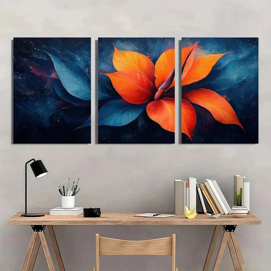 3pcs Vibrant Orange Blue Green Purple Flower Metal Print Ready to Hang Art