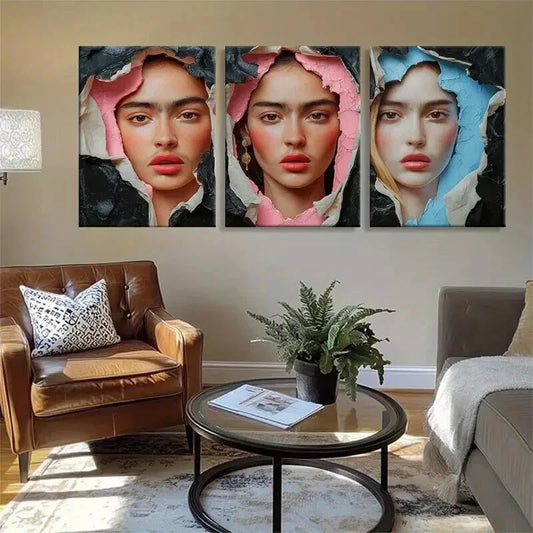 3pcs Elegant Female Faces Torn Paper Prefect Wall Art Set Canvas Framed 40x60cm - High Quality Print 100% Australian Made Wall Canvas Ready to Hang