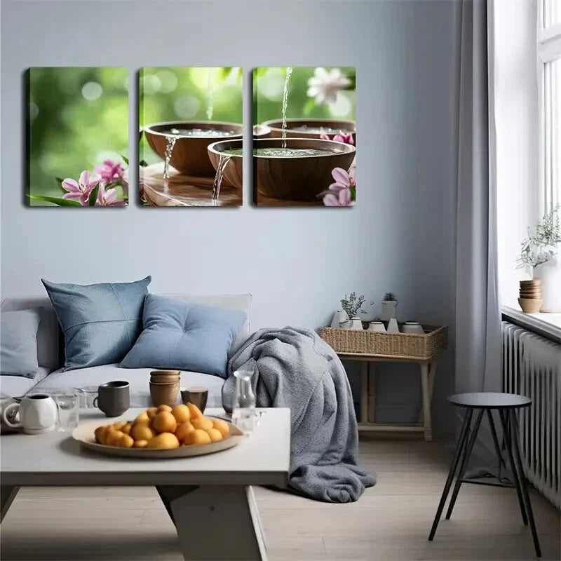 3pcs  Serene Water Flow Landscape with Floral   Wall Art Set Canvas Framed 40x60cm - High Quality Print 100% Australian Made Wall Canvas Ready to Hang