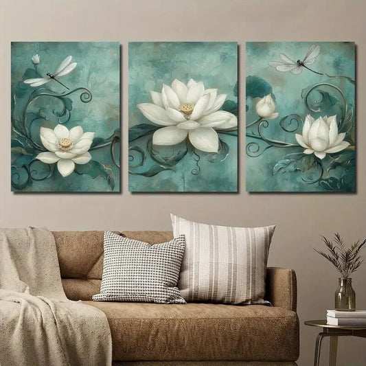 3pcs Chinese Style White Lotus Plant Metal Print Ready to Hang Art