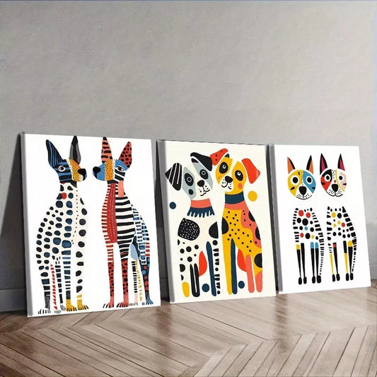 3pcs Two Surreal Dogs Colorful White Background  Wall Art Set Canvas Framed 40x60cm - High Quality Print 100% Australian Made Wall Canvas Ready to Hang