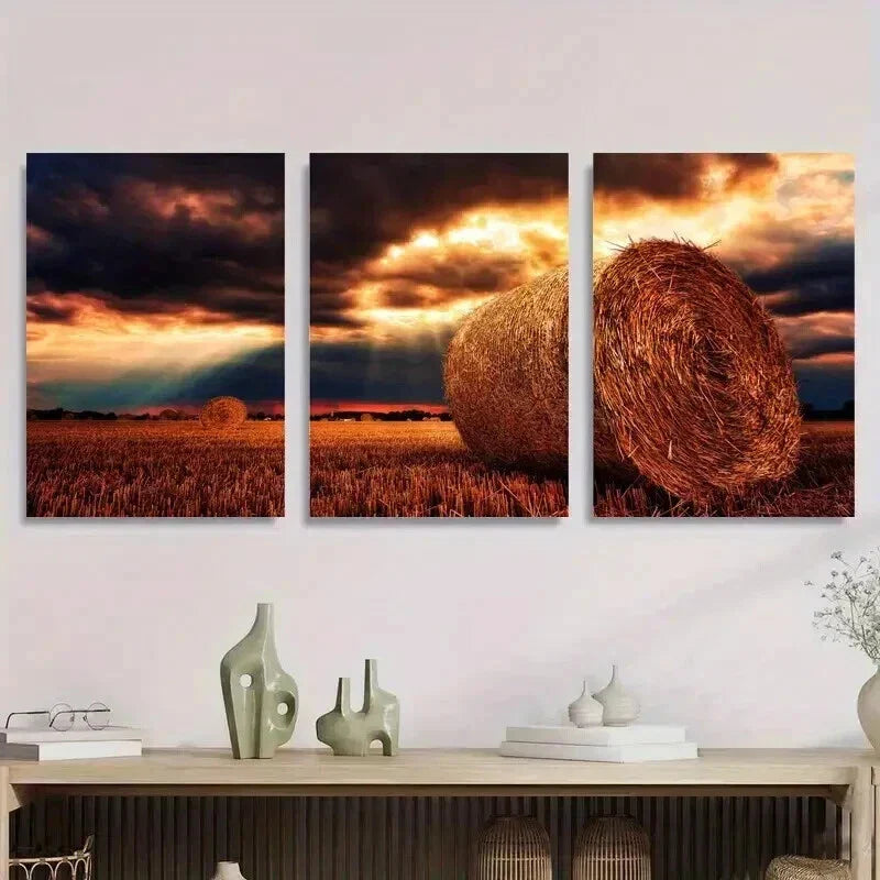 3pcs Sunset Hay Bales Golden Field Landscape Wall Art Set Canvas Framed 40x60cm - High Quality Print 100% Australian Made Wall Canvas Ready to Hang