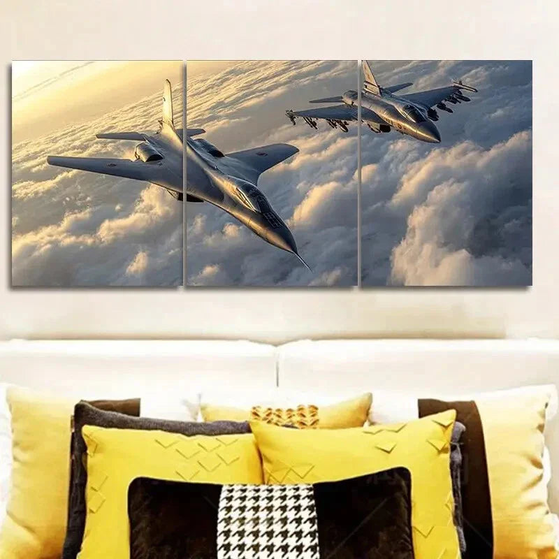 3pcs Fighter in the sky Art Painting Metal Print Ready to Hang Art