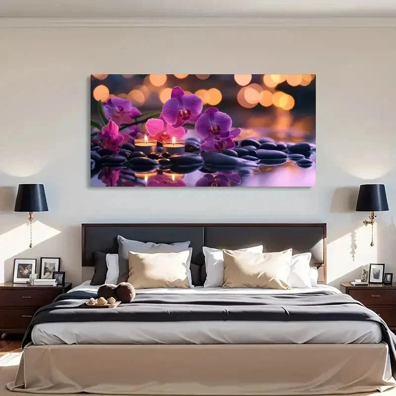 Purple Orchid Candlelight Water Wall Art Canvas Office Home Room Framed 120x60cm