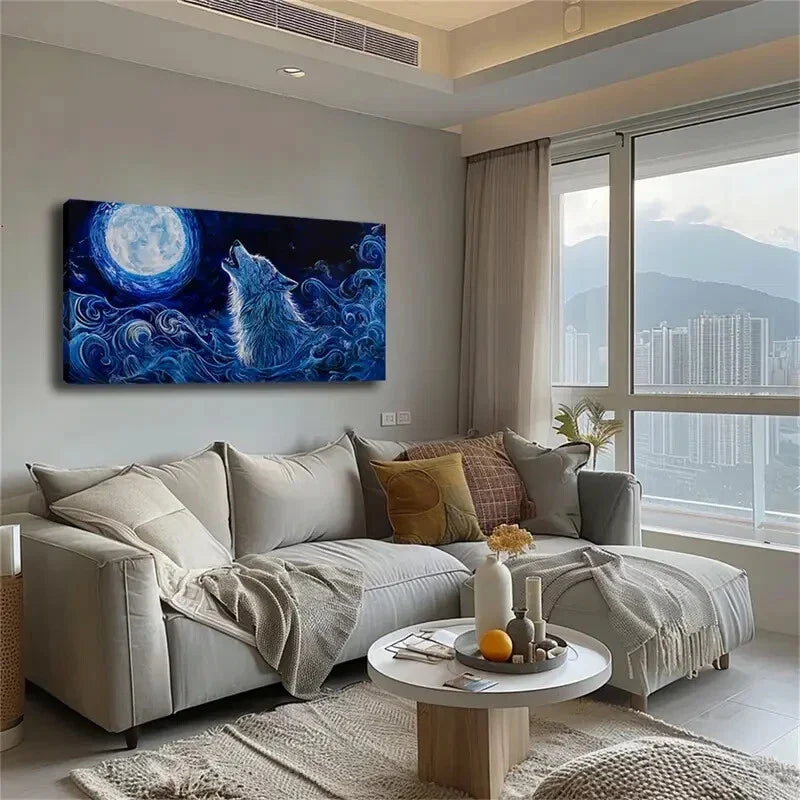 Blue Wolf Howling Under Moon Wall Art Canvas Office Home Room Framed 120x60cm