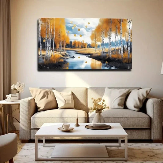 Realistic Autumn Birch Trees Wall Art Canvas Office Home Room Framed 80x45cm