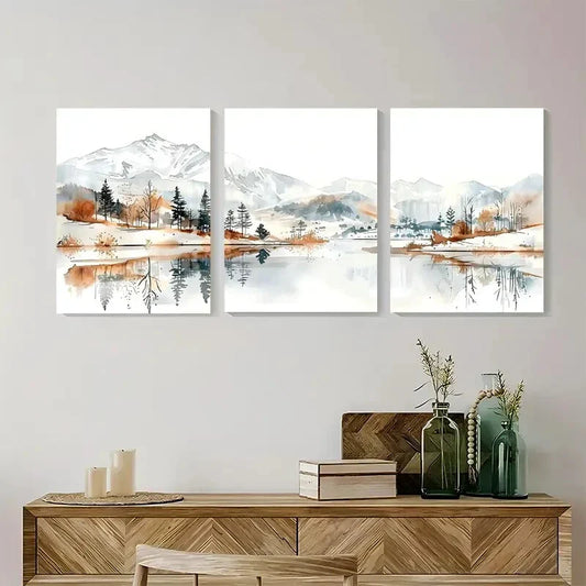 3pcs Warm Earthy Japandi Style Nature Lake Metal Print Ready to Hang Art