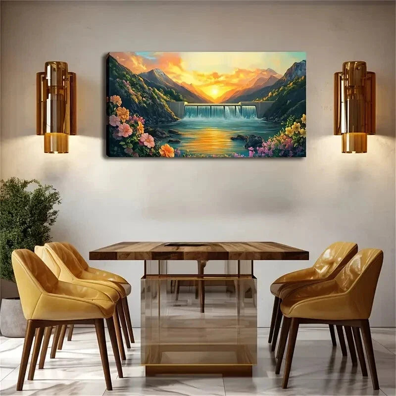 Waterfall & Sunrise Landscape Wall Art Canvas Office Home Room Framed 120x60cm