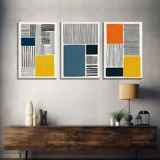 3pcs 3 Color Block Collage Abstract Shapes Wall Art Set Canvas Framed 40x60cm - High Quality Print 100% Australian Made Wall Canvas Ready to Hang