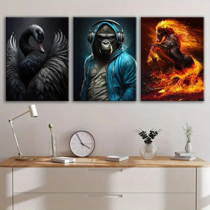 3pcs Various Animals Black Duck Blue Monkey Gold Wall Art Set Canvas Framed 40x60cm - High Quality Print 100% Australian Made Wall Canvas Ready to Hang