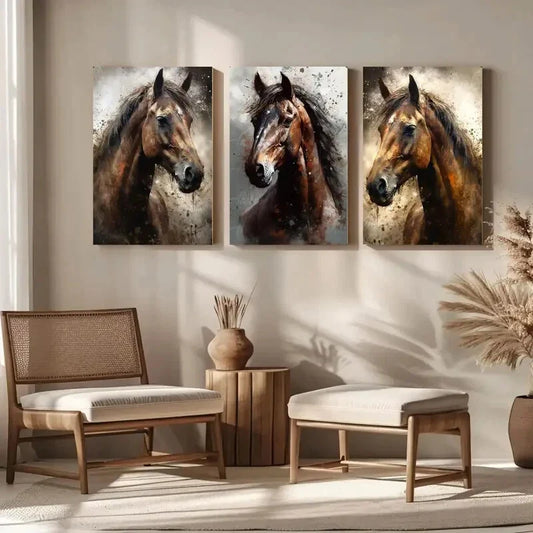 3pcs Brown Horse Paintings, Modern Classic Metal Print Ready to Hang Art
