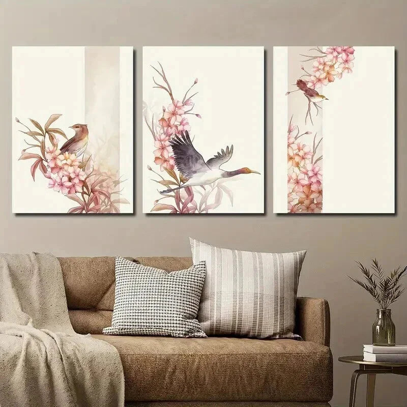 3pcs Bird and Botanical Flower Illustration Wall Art Set Canvas Framed 40x60cm - High Quality Print 100% Australian Made Wall Canvas Ready to Hang