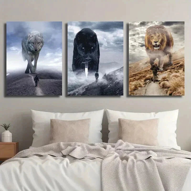 3pcs Giant Wolf Black Panther Lion & Tiny Human Wall Art Set Canvas Framed 40x60cm - High Quality Print 100% Australian Made Wall Canvas Ready to Hang