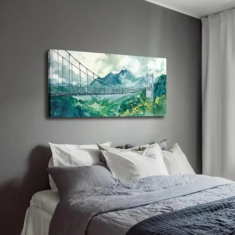 Suspension Bridge Over Valley Wall Art Canvas Office Home Room Framed 120x60cm