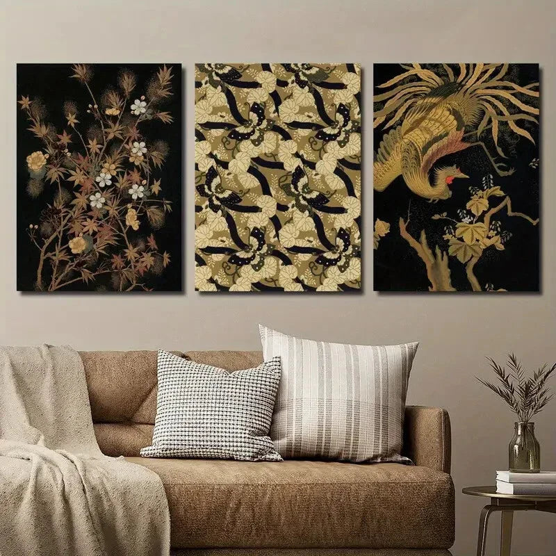 3pcs Dark Japanese Botanical Floral & Bird Wall Art Set Canvas Framed 40x60cm - High Quality Print 100% Australian Made Wall Canvas Ready to Hang