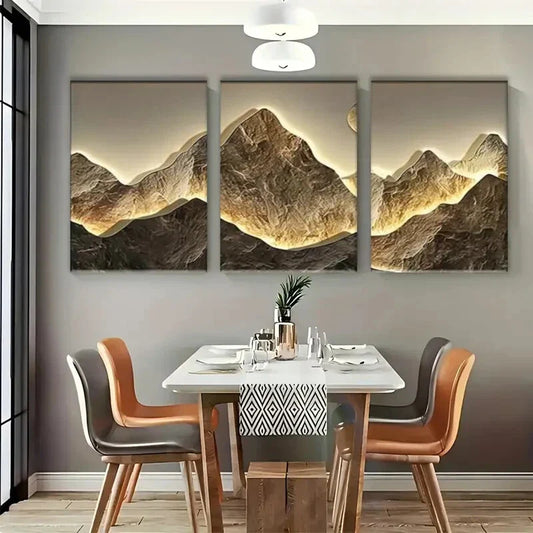 3pcs Jinshan Mountain Range Golden Metal Print Ready to Hang Art