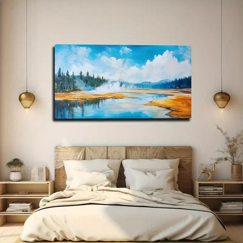 Forests Mountains Vibrant Blue Wall Art Canvas Office Home Room Framed 80x45cm