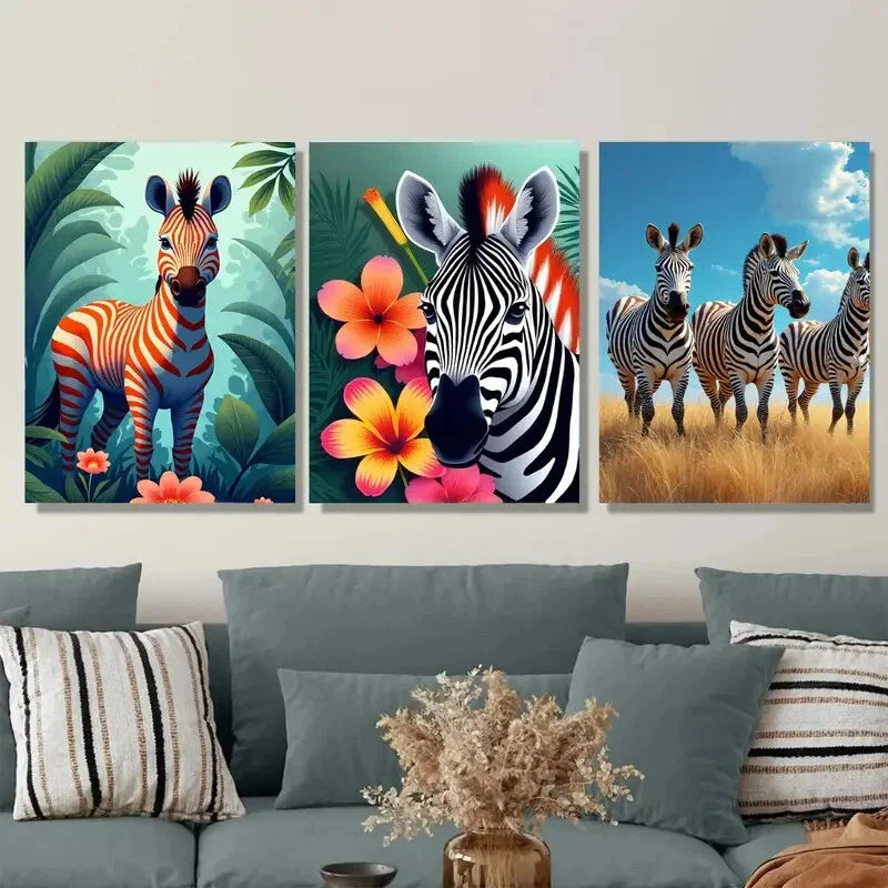 3pcs Colorful Zebra Picture Folwer Vibrant Wall Art Set Canvas Framed 40x60cm - High Quality Print 100% Australian Made Wall Canvas Ready to Hang
