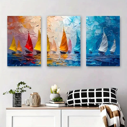 3pcs Vibrant Abstract Sailing Boat Sailboats Metal Print Ready to Hang Art