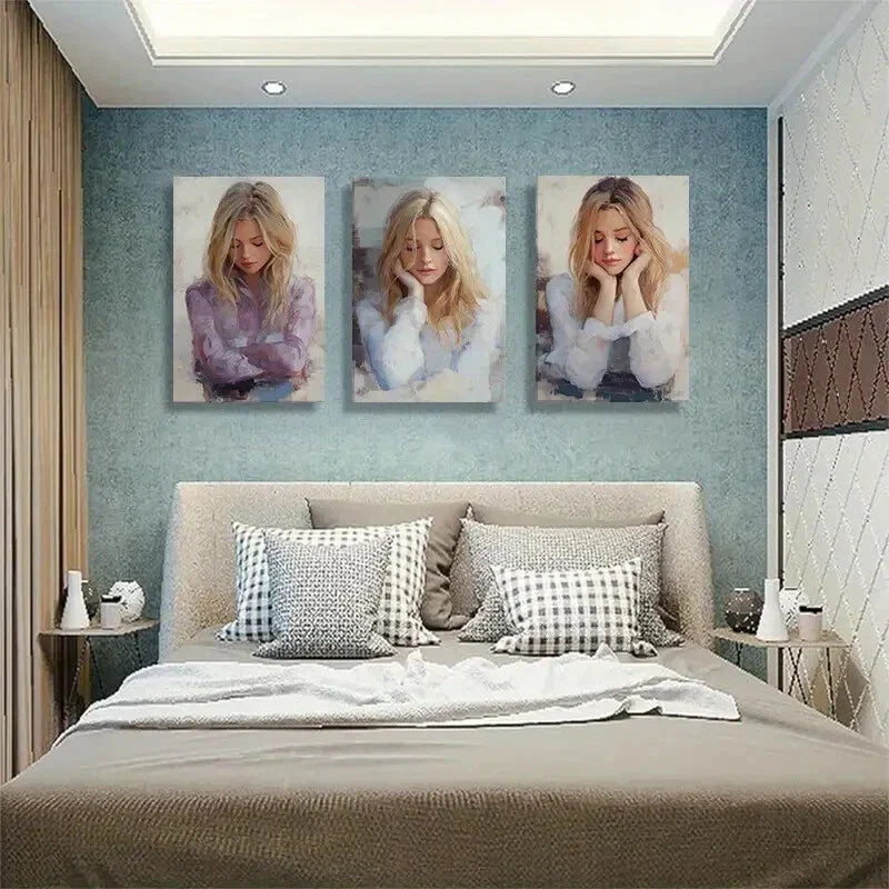 3pcs Thoughtful Young Woman Portraits Perfect Wall Art Set Canvas Framed 40x60cm - High Quality Print 100% Australian Made Wall Canvas Ready to Hang