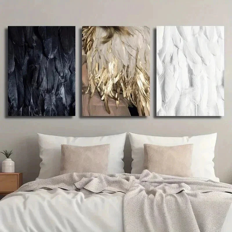 3pcs Black White and Golden Feathers Decor Wall Art Set Canvas Framed 40x60cm - High Quality Print 100% Australian Made Wall Canvas Ready to Hang