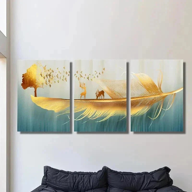 3pcs Feathers Reindeer Birds Money Tree Wall Art Set Canvas Framed 40x60cm - High Quality Print 100% Australian Made Wall Canvas Ready to Hang
