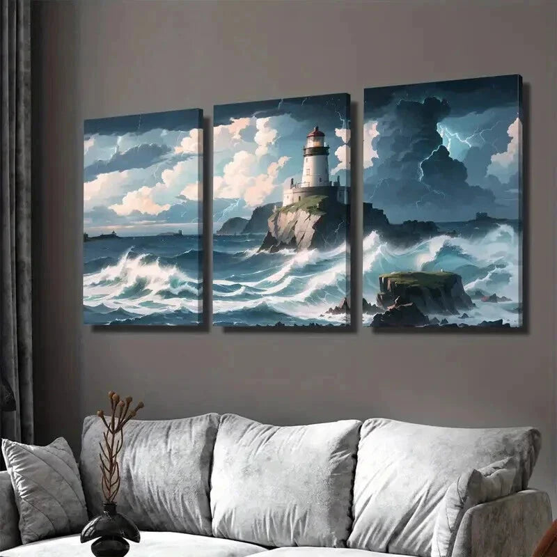 3pcs Nautical Coastal Landscape With Dramatic Wall Art Set Canvas Framed 40x60cm - High Quality Print 100% Australian Made Wall Canvas Ready to Hang