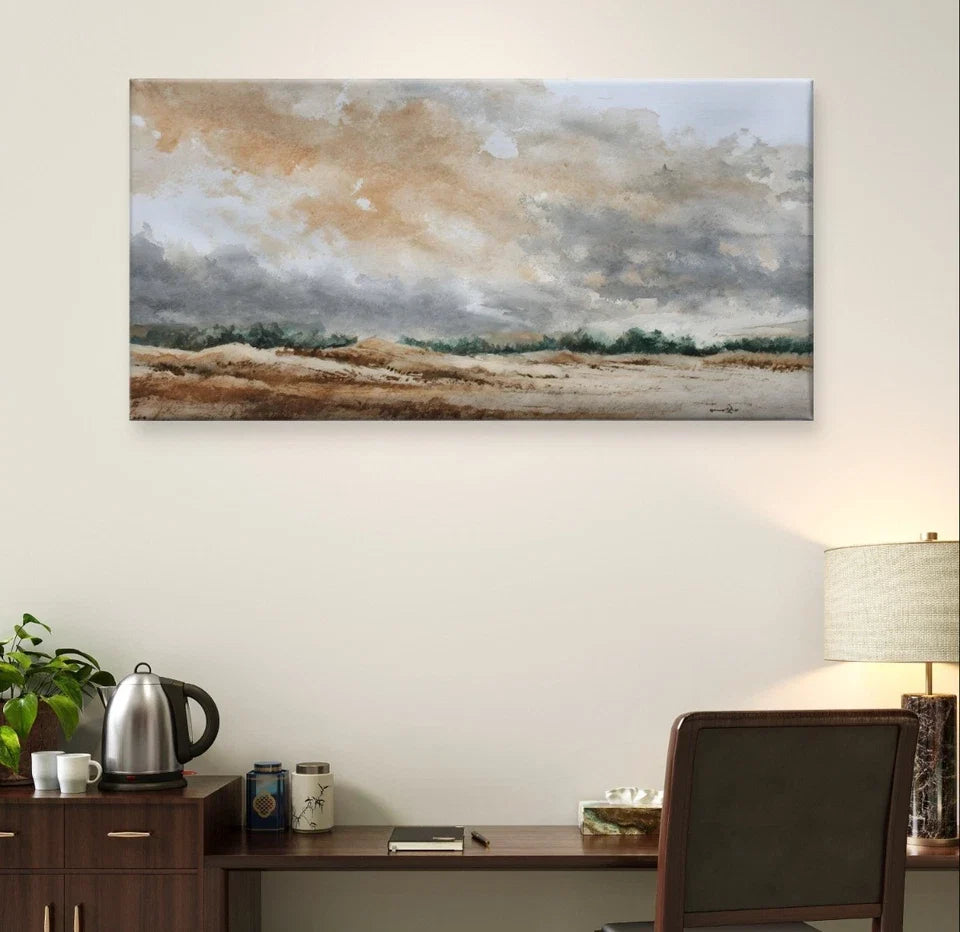 Watercolour Landscape Neutral Muted Wall Art Canvas Office Home Framed 120x60cm