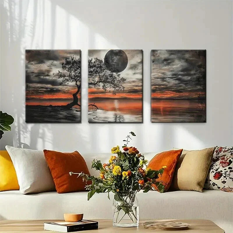 3pcs Featuring Dramatic Sunset Moon Perfect Wall Art Set Canvas Framed 40x60cm - High Quality Print 100% Australian Made Wall Canvas Ready to Hang