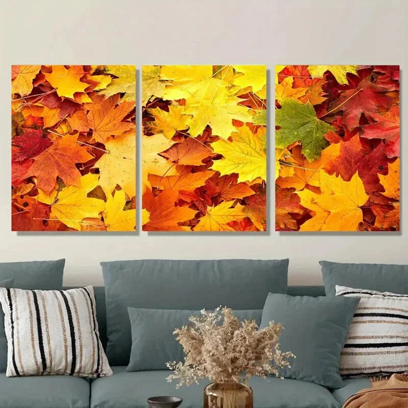 3pcs Autumn Leaves Triptych Vibrant Fall Colors Metal Print Ready to Hang Art