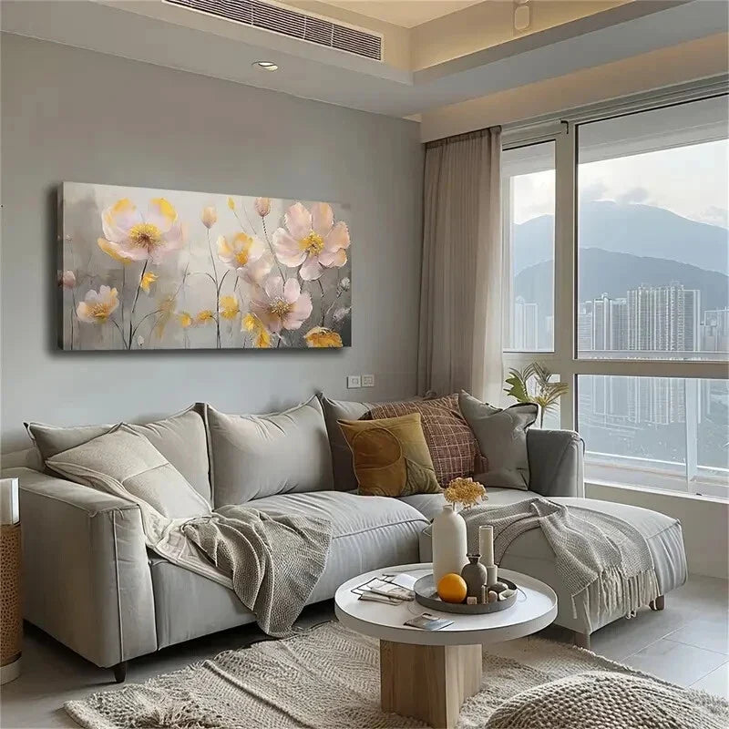 Yellow Flowers On Gray BG Wall Art Canvas Office Home Room Framed 120x60cm