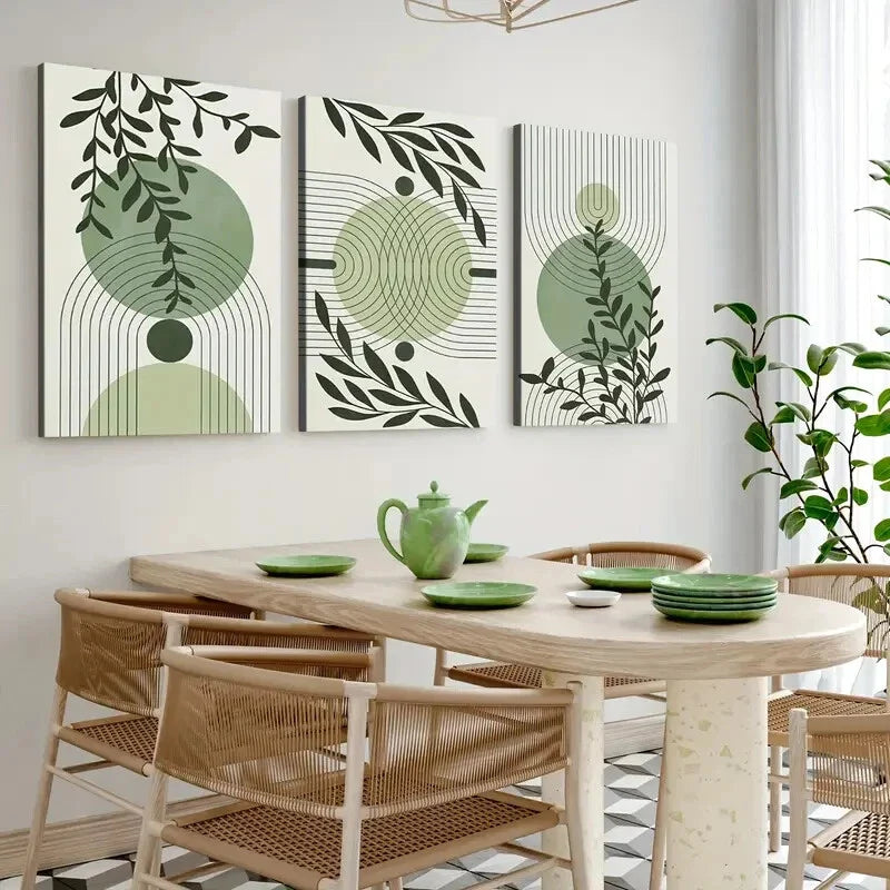 3pcs Abstract Mid Century Boho Geometric Leaves Wall Art Set Canvas Framed 40x60cm - High Quality Print 100% Australian Made Wall Canvas Ready to Hang