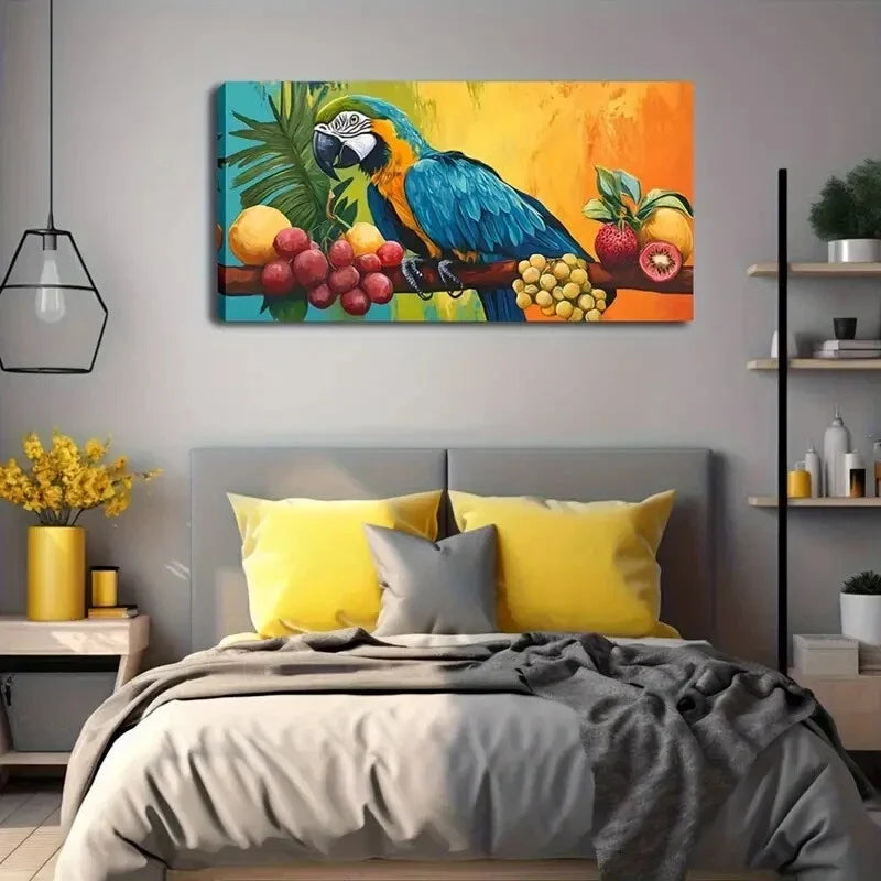 Parrot & Fruit Branch Décor Wall Art Canvas Office Home Room Framed 120x60cm
