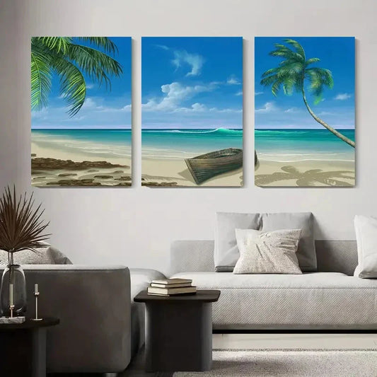3pcs Palm Tree and Boat Tropical Beach Metal Print Ready to Hang Art