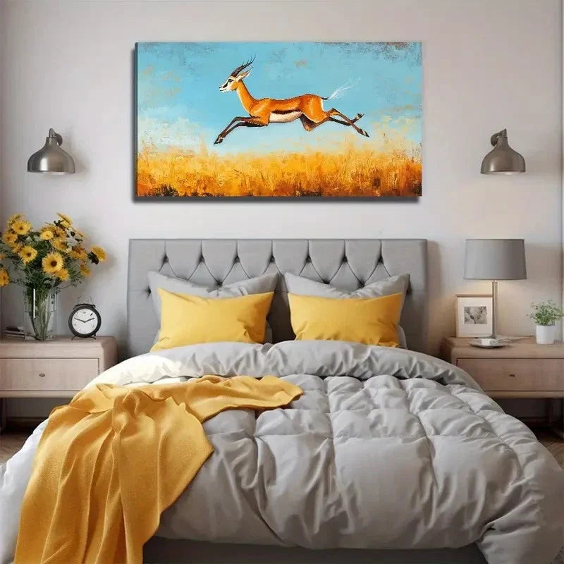 Nimble Jumping Deer In Grass Wall Art Canvas Office Home Room Framed 120x60cm