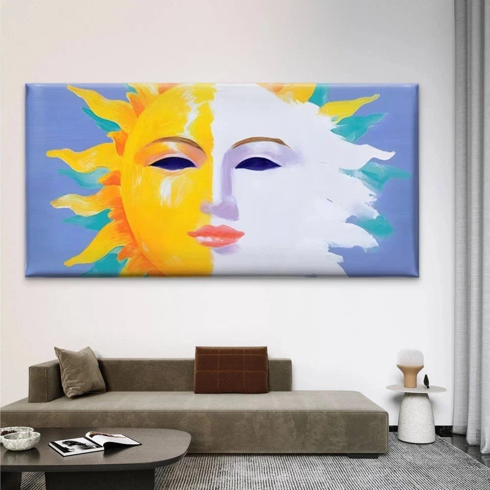 Sun/Moon Face Painting Wall Art Canvas Office Home Room Framed 120x60cm