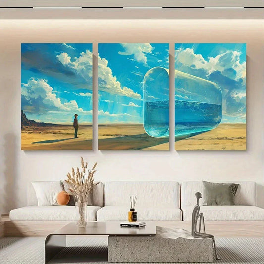 3pcs White Clouds Iceberg Man Standing On Ground Metal Print Ready to Hang Art