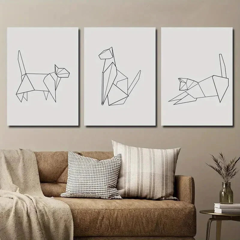 3pcs Modern Origami Cat Line Wall Art Set Canvas Framed 40x60cm - High Quality Print 100% Australian Made Wall Canvas Ready to Hang