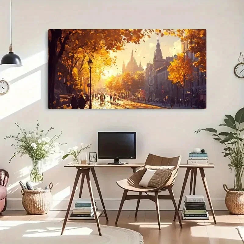 Autumn Cityscape Vibrant Yellow Wall Art Canvas Office Home Room Framed 120x60cm