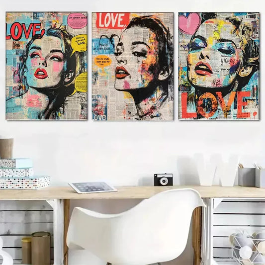 3pcs  Colorful Vintage Pop Art Female Portraits Wall Art Set Canvas Framed 40x60cm - High Quality Print 100% Australian Made Wall Canvas Ready to Hang
