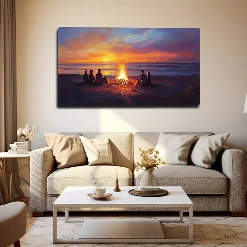 Fire-Making People Relaxing Wall Art Canvas Office Home Room Framed 120x60cm