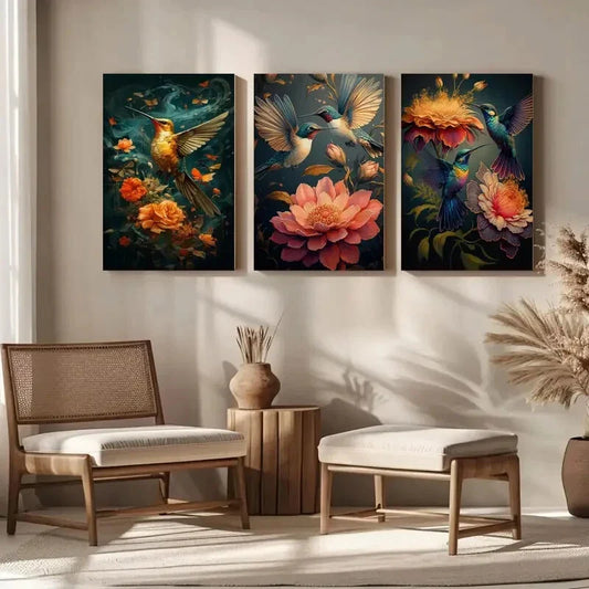 3pcs Vibrant Hummingbird & Flower Metal Print Ready to Hang Art