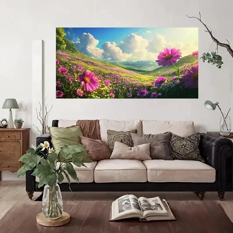 Vibrant Wildflower Fields Wall Art Canvas Office Home Room Framed 80x45cm