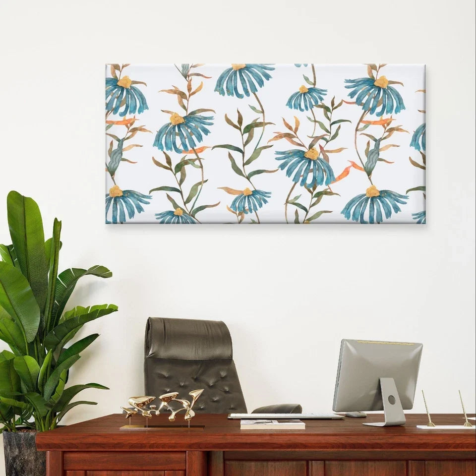 Blue Watercolor Daisy Floral Pattern Wall Art Canvas Office Home Framed 80x45cm