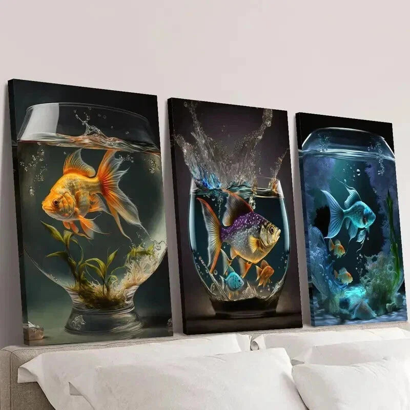 3pcs Vibrant Goldfishes in Aquarium Scene Wall Art Set Canvas Framed 40x60cm - High Quality Print 100% Australian Made Wall Canvas Ready to Hang