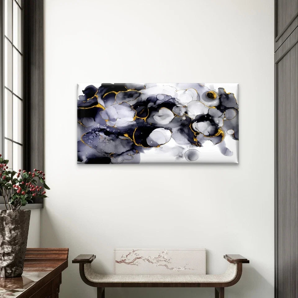 Black, White, and Gold Alcohol Ink Wall Art Canvas Office Home Framed 120x60cm